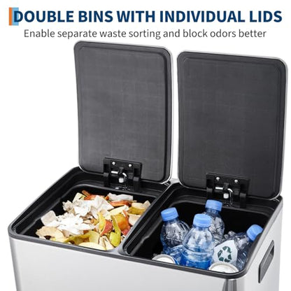 Garvee 16 Gal Dual Compartments Kitchen Trash Can, Stainless Steel, Silver - color: Silver, size: 30L+30L