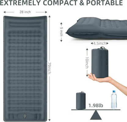 FNARMW Camping Sleeping Pad, Extra Thick 5 Inch Camping Mat with Pillow Built-in Foot Pump Inflatable Sleeping Pads Compact for Camping Backpacking Hiking Traveling Tent（Gray） - color: Grey