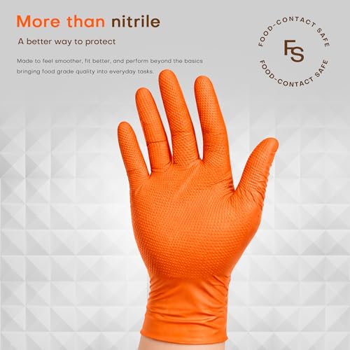 SUPER+ HEAVY DUTY Nitrile Gloves 8 Mil Diamond Texture Disposable Chemical Resistant Powder &Latex Free Food Safe Orange 50Ct - color: Smal (Orange)