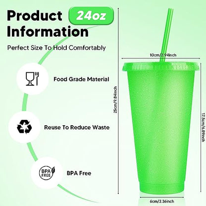 24 Pack Plastic Tumblers With Lids and Straws, Reusable Colorful Cups for Parties, Birthdays, Iced Coffee, Travel Mug, Cold Drinks (24 oz, Green) - color: Green-24pcs
