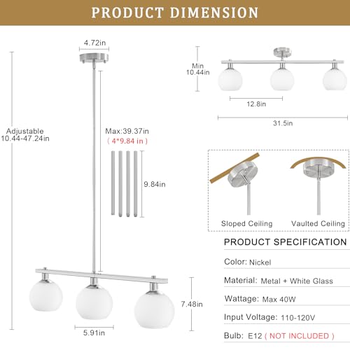 3 Lights Linear Pendant Light Kitchen Island Lighting with Milk Glass Shade, Modern Farmhouse Chandelier, Brushed Nickel Chandelier for Dining Room Light Fixture for Over Island Over Table Bar - color: Brushed Nickel