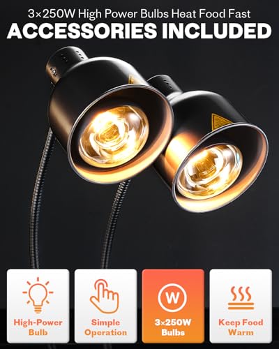 Food Heat Lamp with 3 Bulbs, 500W Rapid and Steady Heating, Painted Black - color: Painted Black