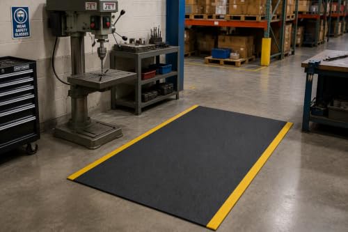 Guardian 24040601BY Soft Step Anti-Fatigue Floor Mat, Vinyl, 4'x 6', Black with Yellow Stripe - color: Black and Yellow, size: 72"L x 48"W x 0.4"Th