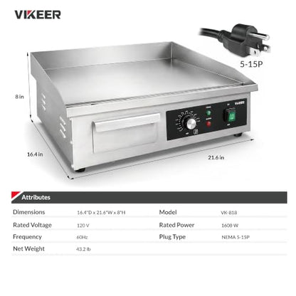 VIKEER Commercial Electric Griddle,22 Inch Large Electric Griddle Stainless Steel Flat Top Grill with Iron Cooking Plate,120-570℉ Adjustable Temperature Control for Home or Restaurant,120V 1600W - size: 22 inch