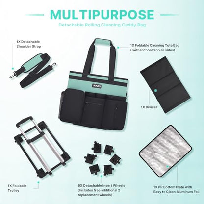 JKAOO Large Rolling Cleaning Caddy Bag with Detachable Trolley, Blue-Green - color: Blue Green