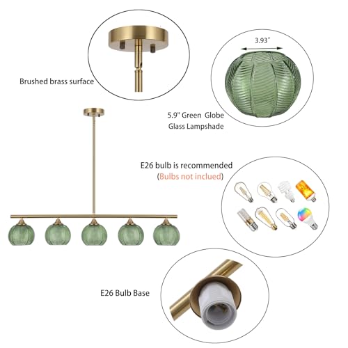 BYOLIIMA Modern Brushed Brass Linear Chandelier Green Striped Glass Shade 5-Lights Gold Mid Century Sputnik Globe Pendant Light Farmhouse Ceiling Hanging Light Fixture Dining Room Kitchen Island - color: Gold/Green