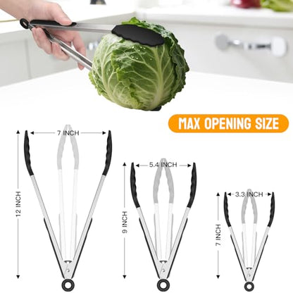 HOTEC Stainless Steel Kitchen Tongs with Silicone Tips, Set of 3-7",9" &12" - color: Black:12+9+7inch