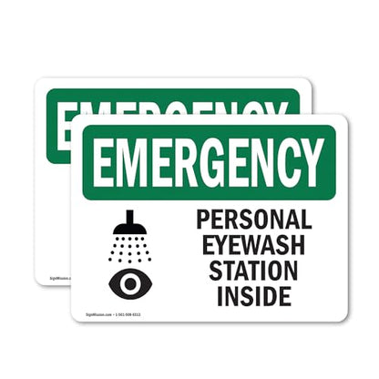 (2 Pack) Personal Eyewash Station Inside With Symbol OSHA Emergency Sign 5 Inch X 3.5 Inch Vinyl Label Decal Sticker Weather Resistant, UV Protected for Workplace, Construction Site, Made in the USA