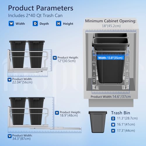 Insputer Dual 40QT Pull Out Trash Can Under Cabinet with Soft-Close Slides - color: Silver, size: Double-10Gal