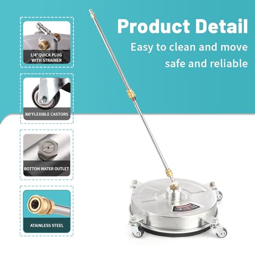 14" Pressure Washer Surface Cleaner with 4 Wheels - Stainless Steel Surface Cleaner for Pressure Washer Attachment for Concrete, Patio, Sidewalk, Deck and Driveways