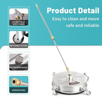 14" Pressure Washer Surface Cleaner with 4 Wheels - Stainless Steel Surface Cleaner for Pressure Washer Attachment for Concrete, Patio, Sidewalk, Deck and Driveways