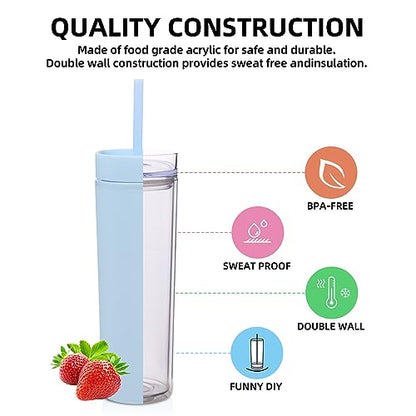 Volhoply 16oz Plastic Skinny Tumbler With Lid and Straw Bulk 4 Pack,Insulated Double Wall BPA Free Matte Acrylic Tumblers,Iced Coffee Travel Mug Reusable Party Cup,Customizable Diy Gifts(Blue,4 Set) - color: Blue