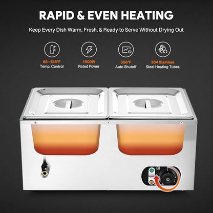 WILPREP Commercial Food Warmer with Two 1/2 Pans, 1500W Countertop Electric Steam Table, 86-185°F Adjustable Temp Control & Over-Temp Protection, Stainless Steel Buffet Bain Marie - size: 1/2 pan*2