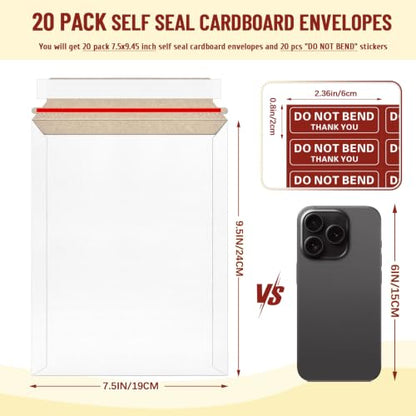 20 Pack 7.5x9.45 inch Rigid Mailers, Self Seal Photo Mailers Protective Flat Cardboard Envelopes White Blank Shipping Envelopes for Photos Document Invitation Papers Files - color: White, size: 7.5x9.45 Inch