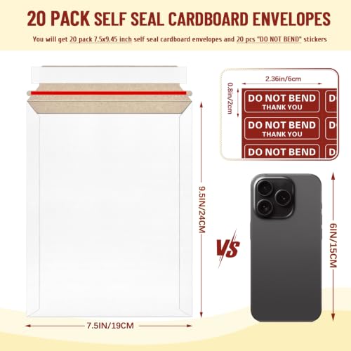 20 Pack 7.5x9.45 inch Rigid Mailers, Self Seal Photo Mailers Protective Flat Cardboard Envelopes White Blank Shipping Envelopes for Photos Document Invitation Papers Files - color: White, size: 7.5x9.45 Inch
