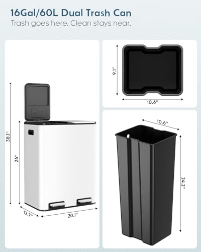 Arlopu 16Gal Dual Trash Can w/2 Built-in Box for Odor Control - color: White