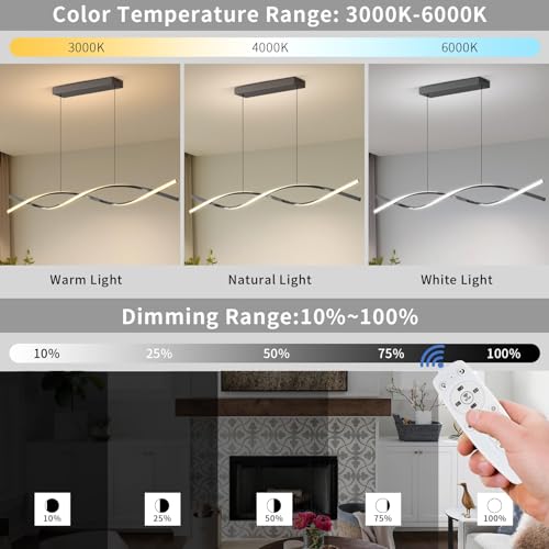 Modern Ceiling Pendant Lights, 57in Chandelier Dimmable with Remote Control 3000k-6000K Adjustable Color Temperature, Aluminum Island Lighting Lamp Fixture for Kitchen, Dining Room - color: B-Black, size: 57inch