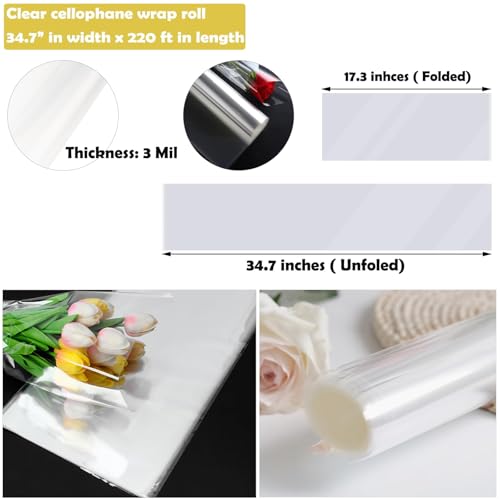 2 Rolls of 35" Wide x 220 Ft Clear Cellophane Wrap Roll, 3 Mil Thick Plastic Transparent Cello Wrapping Paper for Gift Baskets, Flower Bouquets, Large Cellophane Sheets for Gifts, Teats, Arts & Crafts, 5280 Inches Long - color: Clear, size: 1 Count (Pack