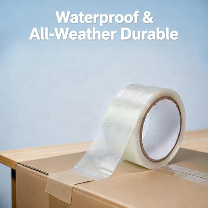 4 Roll Mono Filament Strapping Tape Heavy Duty Packing Tape, 1.77 Inch x 800 Inch 5.5 Mil, Transparent Fiberglass Reinforced Packaging Tape for Pallet Wrap Bundling Moving Warehouse