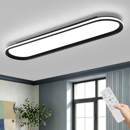ADISUN Modern LED Ceiling Light Dimmable Linear Ceiling Light 31in Semi Flush Mount Long Lights with Remote Control and Side Lighting for Living Room Kitchen Dining Room (65W) - color: Black-1Pack, size: 31 Inch