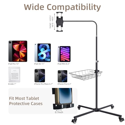 Rolling Tablet Floor Stand with Wheels - Bed Mount for 4.7-13" iPad