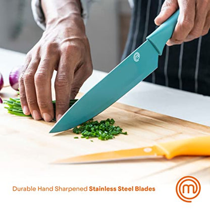 MasterChef Kitchen Knives Set with Covers incl. Paring, Boning, Carving, Bread, Santoku & Chef Knife, Sharp Cutting Stainless Steel Blades with Sheaths, 12 Piece (6 Colored Knives & 6 Covers) - color: Vivid (with Captions), style: Knives with Covers