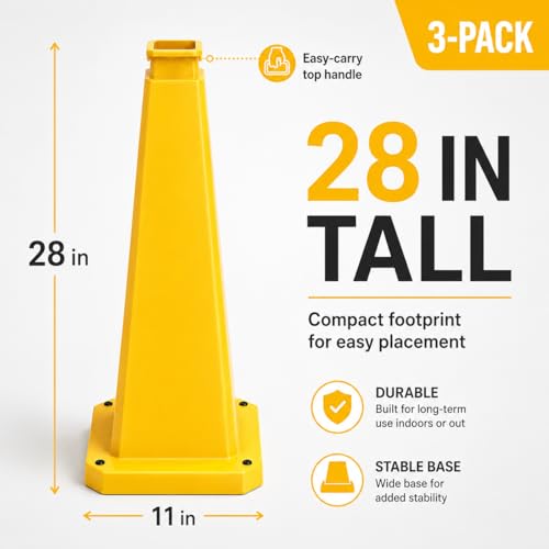 BESEA 3 Pack 28 Inch Yellow Traffic Cones with Weighted Base - color: Yellow, size: 28INCH