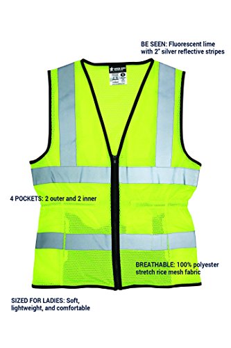 MCR Safety LVCL2MLS Ladies Sized Class 2 Lightweight Safety Vest, Silver Reflective Stripe, Zipper Front, Lime, Small - size: Small