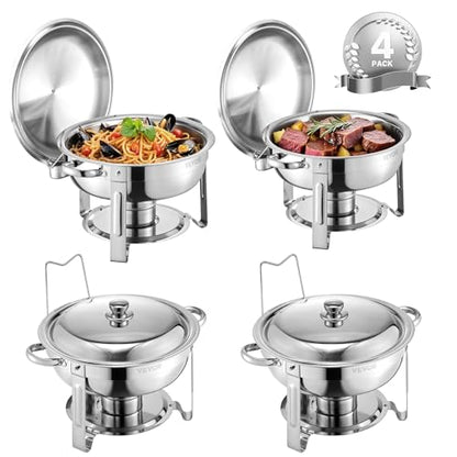 VEVOR Chafing Dish Buffet Set, 5 Qt 4 Pack, Stainless Steel Chafer with 4 Full Size Pans, Round Catering Warmer Server with Lid Water Pan Folding Stand Clip, for Weddings Parties Banquets, Silver - size: 4packs Silver