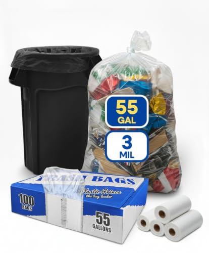 (100 Pack) Plexon 55-60 Gallon Clear Trash Bags - 32-55 gal, 38" x 58", 3 Mil Heavy Duty - Contractor Garbage Bags Rollout Round Square Trash Cans