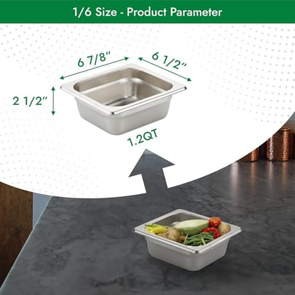 HECMAC 6 Pack Anti-Jam Hotel Pans, 1/6 Size 2 1/2 Inch Deep, Commercial Stainless Steel Chafing Steam Table Pan, Catering Storage Metal Food Pan, 23 Gauge - size: 1/6 Size, 2-1/2" Deep