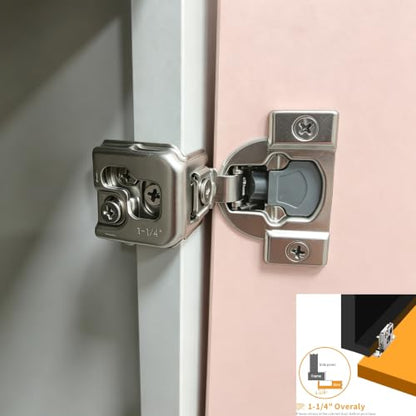 Soft‑Close 1‑1/4" Overlay Cabinet Hinges, 105 Degree 3D Adjustable Concealed Hinges, Satin Nickel Finish, for Face Frame Kitchen Cabinet Doors, 2‑Pack (1 Pair) - size: 1-1/4inch Overlay