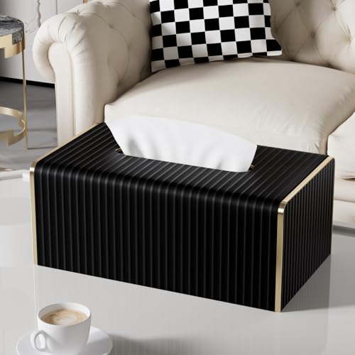 Tissue Box Cover,Black Rectangle PU Leather Tissue Holder with Gold-Tone Edging Accents,Tissue Box Cover for Bathroom Toilet Bedroom Living Room Table Desk Office,Countertop - color: Black, size: Rectangle Standard