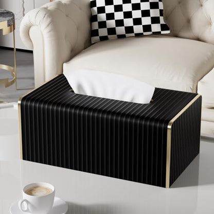 Tissue Box Cover,Black Rectangle PU Leather Tissue Holder with Gold-Tone Edging Accents,Tissue Box Cover for Bathroom Toilet Bedroom Living Room Table Desk Office,Countertop - color: Black, size: Rectangle Standard