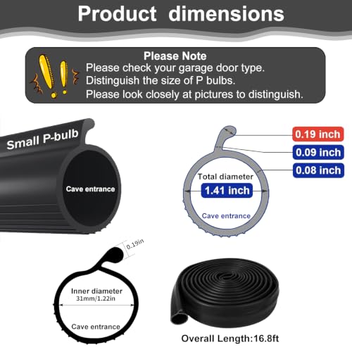 Draft Blocker Garage Door Seal, 16.8 Ft 0.19" P-Type Bottom Weatherstrip Seal, TPE Rubber for Energy Saving, Noise & Dust Reduction, Easy DIY Install, All Season Protection - color: Small P Bulb-0.19inch, size: 16.8Ft