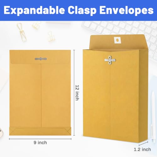 9 x 12 Expandable Manilla Envelopes with Clasp & Gummed Seal, Heavy Duty 180gsm Kraft Paper, 1.2″ Expandable Gussets, Reusable Mailer File Organizer for Documents, Contracts, Bills, Blueprints (30)