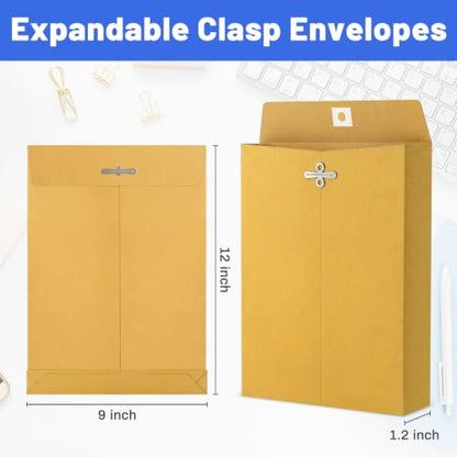 9 x 12 Expandable Manilla Envelopes with Clasp & Gummed Seal, Heavy Duty 180gsm Kraft Paper, 1.2″ Expandable Gussets, Reusable Mailer File Organizer for Documents, Contracts, Bills, Blueprints (30)