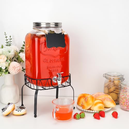 1 Pack 2 Gallon Glass Drink Dispensers with Stand, Ice Core, Spigot - size: 2 Gallon with Aluminum lid
