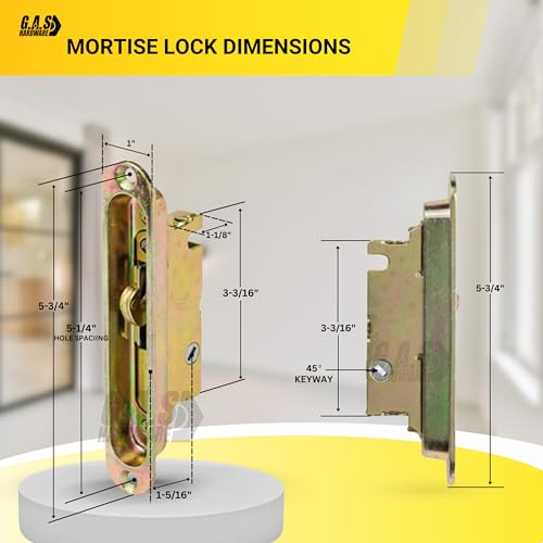 Sliding Glass Door Replacement Mortise Lock with Recessed Adapter Trim Plate, 5-1/4” Screw Holes, 45 Degree Keyway | 1" Wide Mortise Lock Latch Replacement Locking Mechanism Hardware Parts - size: Mortise Lock with Trim Plate