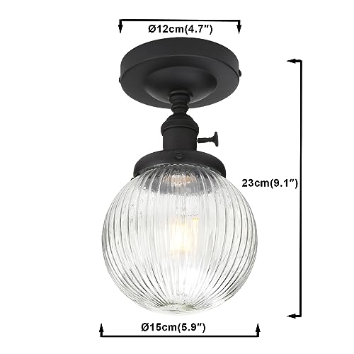 Yosoan 1-Light Indoor On Off Switch Hallway Ceiling Light, Modern Single Vintage Industrial Semi Flush Mounted with Retro Striped Round Shade for Kitchen Entry Bathroom Bedroom(Matte Black) - color: Matte Black