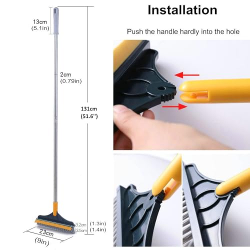 2 in 1 Cleaning Scrub Brush Grout Brush Scrape Floor Scrub Brush with Long Handle V-Shape Stiff Bristle Brush Scrubber with Squeegee 120°Rotating Shower Scruber for Cleaning Bathroom Glass Wall - color: Yellow