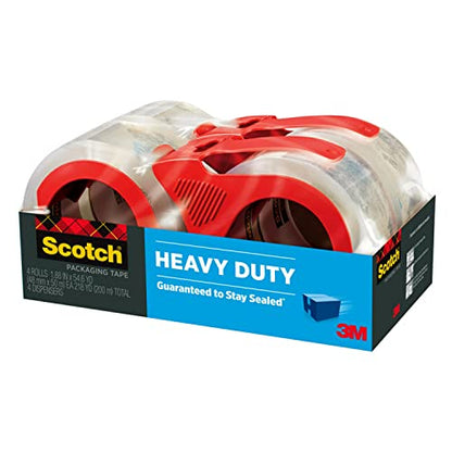 Scotch Heavy Duty Shipping Packing Tape, Clear, Shipping and Packaging Supplies, 1.88 in. x 54.6 yd., 4 Tape Rolls with 4 Dispensers - size: 4 Rolls