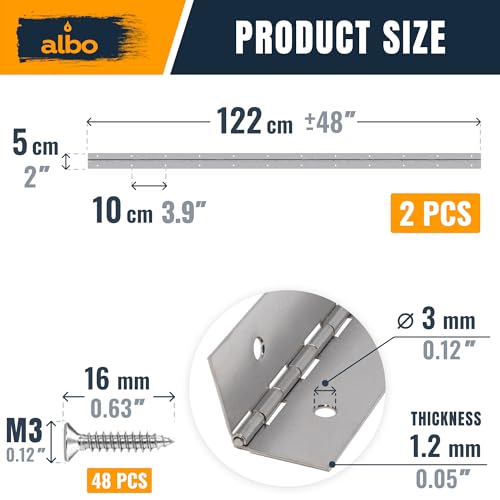 ALBO 48" x 2" Piano Hinge Stainless Steel 304, Silver, 2-Pack - color: Silver, size: 48 Inch