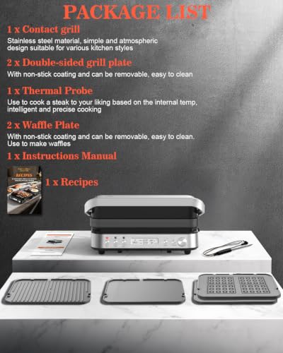 CATTLEMAN 6 in 1 Panini Press Grill with Removable Waffle Plates, 1600W - color: Silver with Waffle Plates