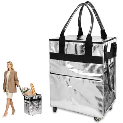 Reusable Grocery Bag on 4 Swivel Wheels, 60L Large Rolling Tote Bag - color: Silver