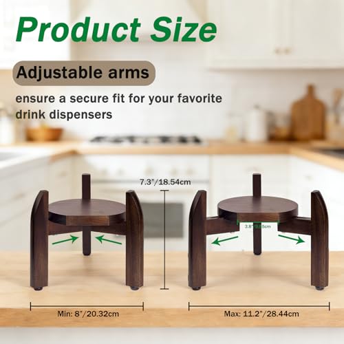 Drink Dispenser Stand Adjustable Width for 5-Gal Jugs & Beverage Jars with Round Flat Tray - Sturdy Walnut Holder for Water Coolers, Plant Pots (Walnut wood color)
