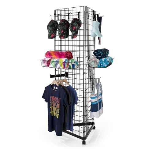 Heavy Duty Triangle Gridwall Display Rack with Casters, 6’ x 2’ Metal Wire Grid Panel Tower for Retail Store Fixtures, Trade Shows, Garage & Home Organization