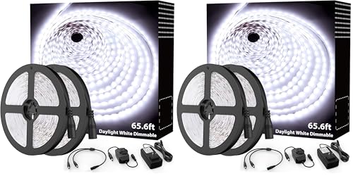 Onforu LED Strip Lighting Bright White, 65.6ft 6000K Dimmable Daylight White Tape Light, Flexible 12V Adhesive Ribbon Easter Rope Light, for Kitchen, Under Cabinet, Bedroom (Pack of 2) - color: Daylight White, size: 65.5FT (Pack of 2)