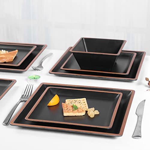Melamine Dinnerware Sets Service for 4, Square Dinner Plates and Bowls Set - color: Metallic bronzed edge