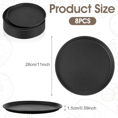 8 Pieces 11 Inch Black Round Plastic Serving Trays, Non Slip Surface Restaurant Serving Trays with Raised Edges, Food Drink Meals Server Tray for Home Kitchen Cafeteria Bar Hotel